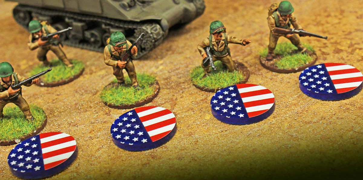 Stars and Stripes tabletop game tokens shown with soldiers and a tank. LITKO Premium Printed Full Color Game Tokens.