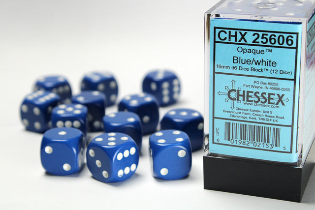 Opaque 16mm d6 Blue/white Dice Block™ (12 dice) - LITKO Game Accessories