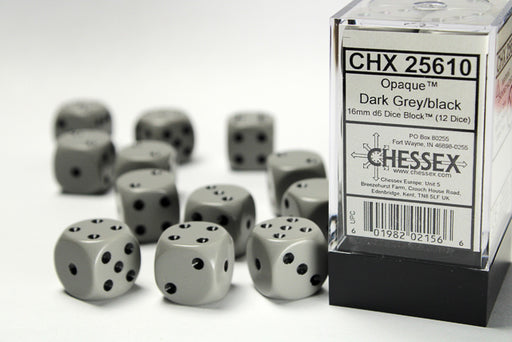 Opaque 16mm d6 Grey/black Dice Block™ (12 dice) - LITKO Game Accessories
