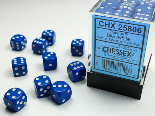 Opaque 12mm d6 Blue/white Dice Block™ (36 dice) - LITKO Game Accessories