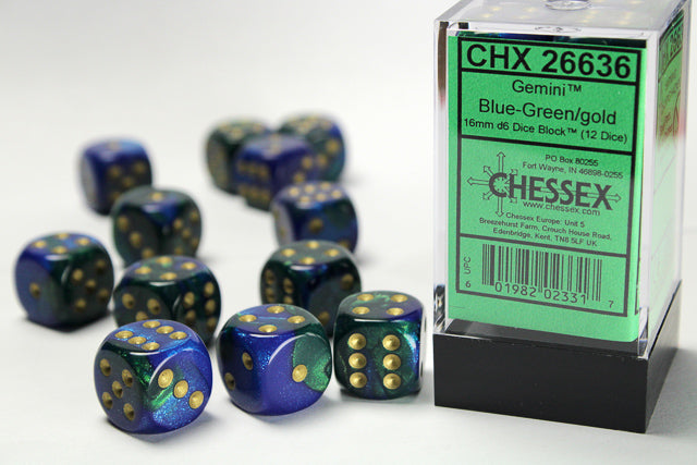 Gemini® 16mm d6 Blue-Green/gold Dice Block™ (12 dice)-Dice-LITKO Game Accessories