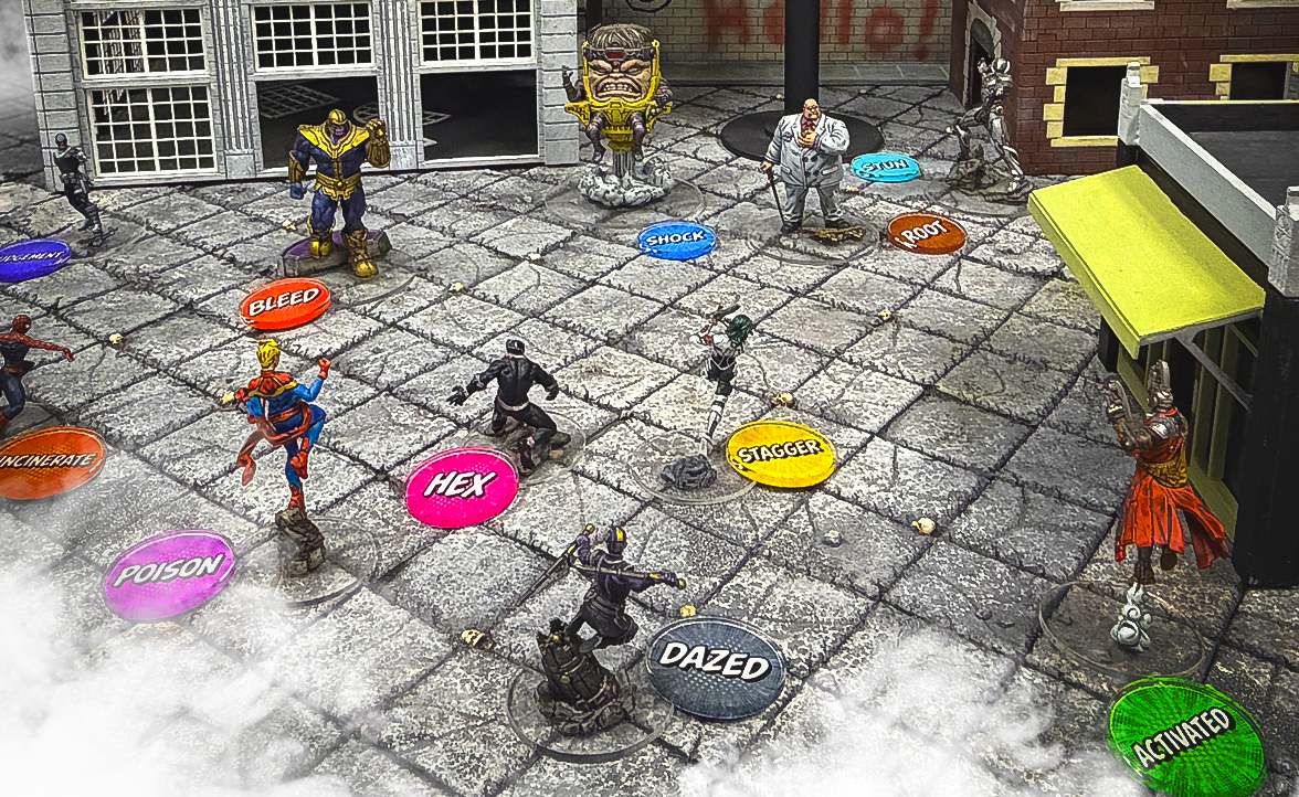 LITKO status tokens such as Bleed, Hex, Stagger and Dazed placed beside miniatures on a city street game table