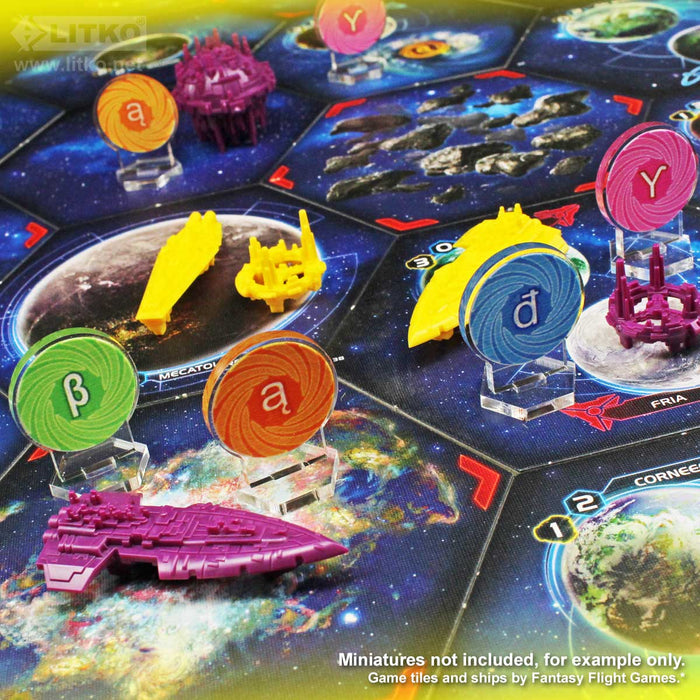 UV-printed 32mm acrylic wormhole markers placed on a Twilight Imperium game tile to improve board state visibility.