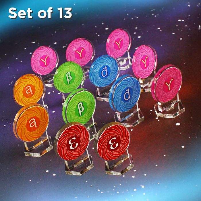 Collection of 13color-coded wormhole markers including Alpha orange, Beta green, Delta blue, Gamma pink, and Epsilon crimson.