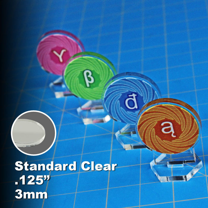 Close-up of LITKO UV-printed acrylic wormhole markers showing Gamma, Beta, Delta, and Alpha symbols on 3mm (0.125 inch) standard clear acrylic stands.