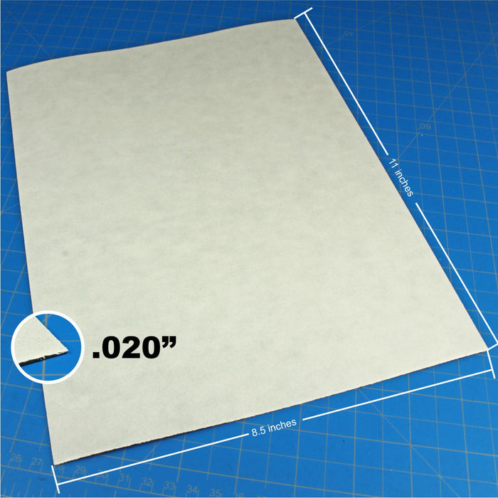 echnical specification view of the flexible magnetic sheet on a blue hobby mat, labeled with dimensions of 8.5 by 11 inches and a circular inset showing the 0.020-inch thickness.