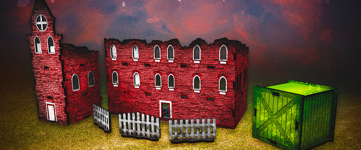 Model of a red brick building with a green crate on a grassy field with a dark, abstract background.