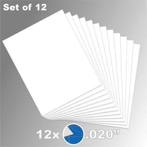 Product graphic showing a stack of 12 white 8x10 inch styrene sheets included in the 0.020-inch Plasticard Pack.