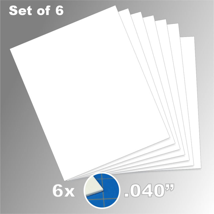 Product graphic showing a stack of 6white 8x10 inch styrene sheets included in the 0.040-inch Plasticard Pack.