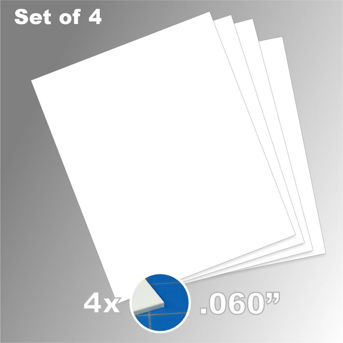 Product graphic showing a stack of 4 white 8x10 inch styrene sheets included in the 0.060-inch Plasticard Pack.