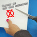 Product graphic of a hand attempting to cut a thick 0.080-inch white styrene sheet with scissors, featuring a red "no" symbol and text stating it cannot be cut with scissors.
