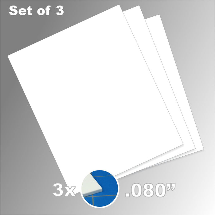 Product graphic showing a stack of 13white 8x10 inch styrene sheets included in the 0.080-inch Plasticard Pack.