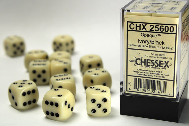 Chessex Würfel-Set 12 Stück D6 – 16 Mm, Elfenbein Mit Schwarzen Punkten, Opak, Für Brettspiele & RPG