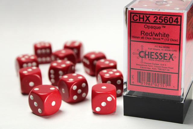 Opaque 16mm d6 Red/white Dice Block™ (12 dice)-Dice-LITKO Game Accessories