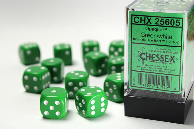 Opaque 16mm d6 Green/white Dice Block™ (12 dice) - LITKO Game Accessories