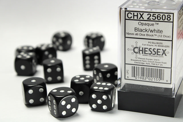Opaque 16mm d6 Black/white Dice Block™ (12 dice)-Dice-LITKO Game Accessories