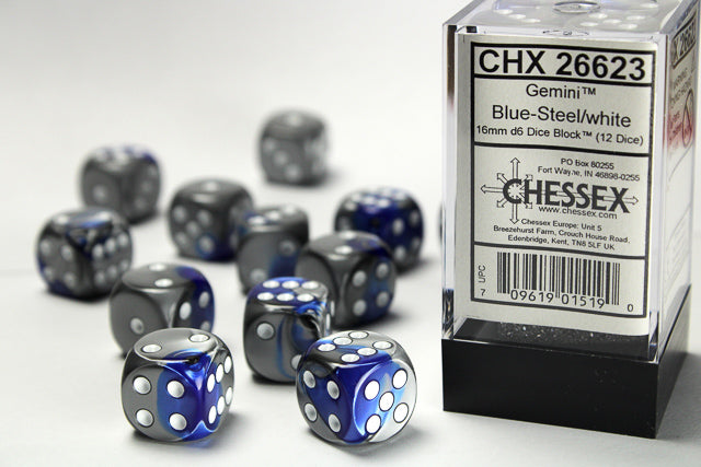 Gemini® 16mm d6 Blue-Steel/white Dice Block™ (12 dice)-Dice-LITKO Game Accessories