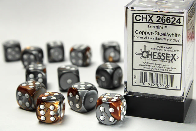 Gemini® 16mm d6 Copper-Steel/white Dice Block™ (12 dice)-Dice-LITKO Game Accessories