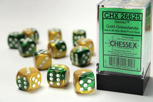 Gemini® 16mm d6 Gold-Green/white Dice Block™ (12 dice)-Dice-LITKO Game Accessories