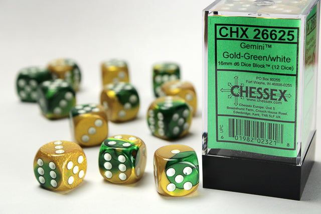 Gemini® 16mm d6 Gold-Green/white Dice Block™ (12 dice)-Dice-LITKO Game Accessories