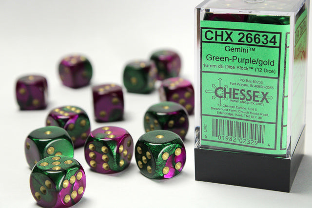 Gemini® 16mm d6 Green-Purple/gold Dice Block™ (12 dice)-Dice-LITKO Game Accessories