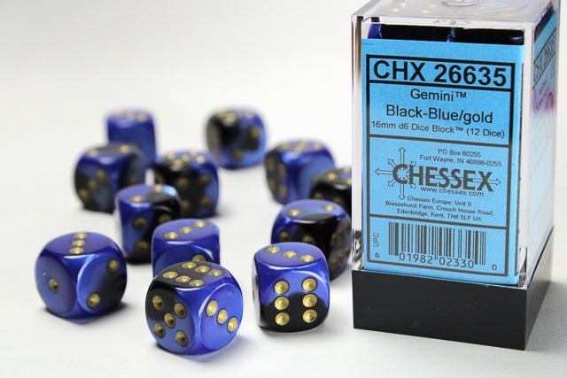 Gemini® 16mm d6 Black-Blue/gold Dice Block™ (12 dice)-Dice-LITKO Game Accessories