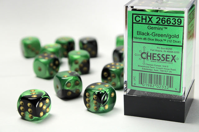 Gemini® 16mm d6 Black-Green/gold Dice Block™ (12 dice)-Dice-LITKO Game Accessories