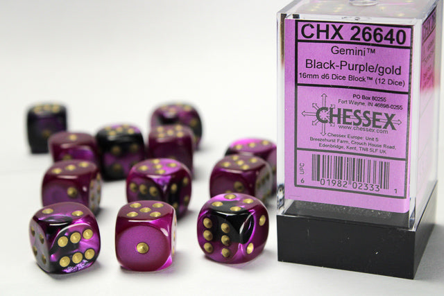 Gemini® 16mm d6 Black-Purple/gold Dice Block™ (12 dice)-Dice-LITKO Game Accessories