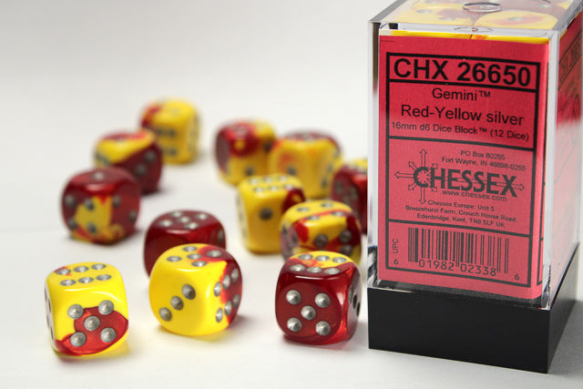 Gemini® 16mm d6 Red-Yellow/silver Dice Block™ (12 dice)-Dice-LITKO Game Accessories