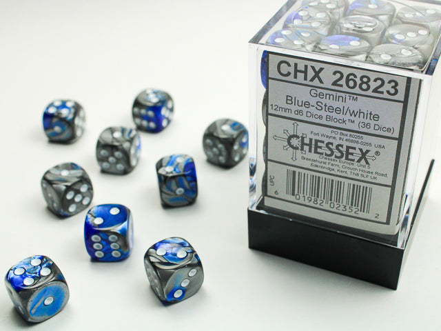 Gemini® 12mm d6 Blue-Steel/white Dice Block™ (36 dice)-Dice-LITKO Game Accessories