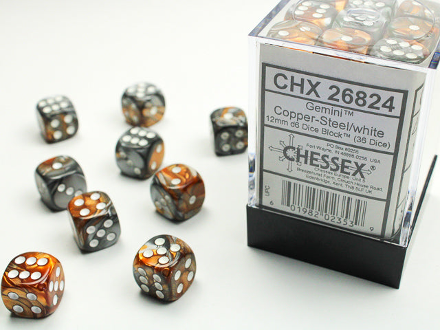 Gemini® 12mm d6 Copper-Steel/white Dice Block™ (36 dice)-Dice-LITKO Game Accessories