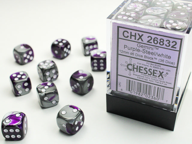 Gemini® 12mm d6 Purple-Steel/white Dice Block (36 dice)-Dice-LITKO Game Accessories