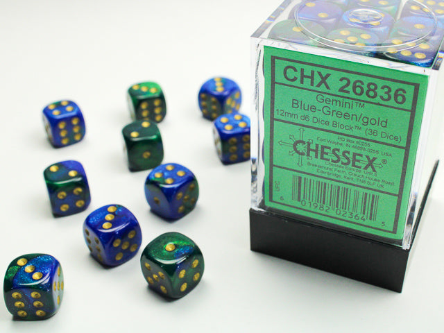 Gemini® 12mm d6 Blue-Green/gold Dice Block™ (36 dice)-Dice-LITKO Game Accessories