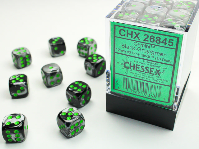 Gemini® 12mm d6 Black-Grey/green Dice Block™ (36 dice)-Dice-LITKO Game Accessories