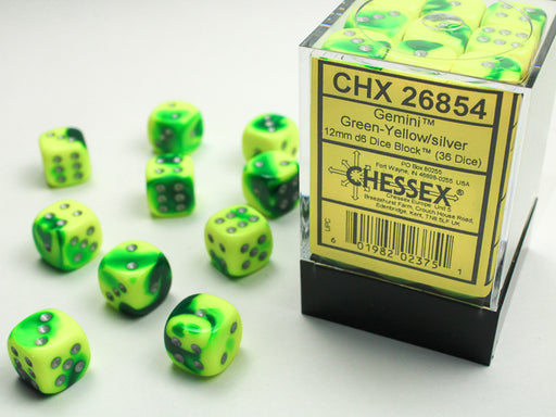 Gemini® 12mm d6 Green-Yellow/silver Dice Block™ (36 dice)-Dice-LITKO Game Accessories