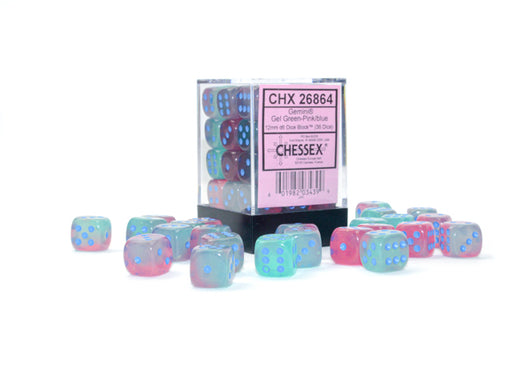 Gemini® 12mm d6 Gel Green-Pink/blue Luminary™ Dice Block™ (36 dice)-Dice-LITKO Game Accessories
