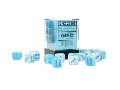 Gemini® 12mm d6 Pearl Turquoise-White/blue Luminary™ Dice Block™ (36 dice)-Dice-LITKO Game Accessories
