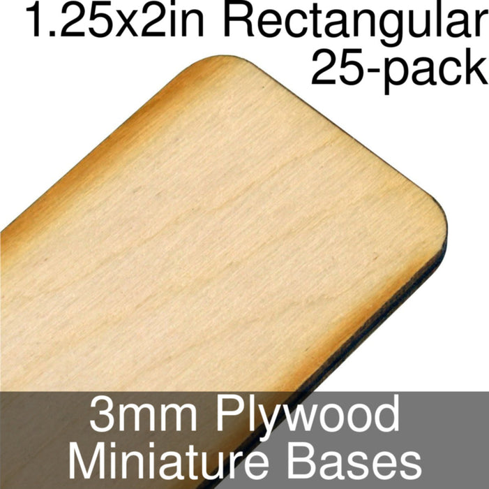 Miniature Bases, Rectangular, 1.25x2in (Rounded Corners), 3mm Plywood (25) - LITKO Game Accessories