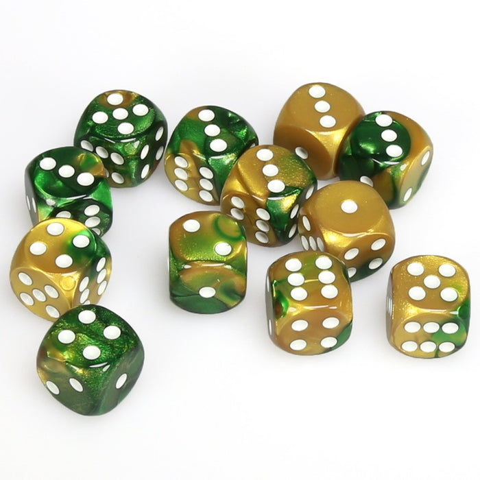 Gemini® 16mm d6 Gold-Green/white Dice Block™ (12 dice)-Dice-LITKO Game Accessories