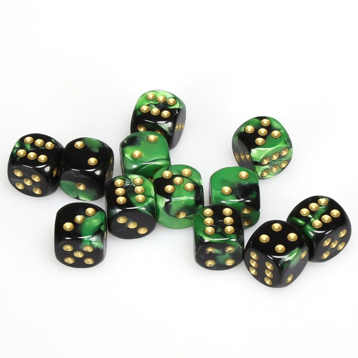 Gemini® 16mm d6 Black-Green/gold Dice Block™ (12 dice)-Dice-LITKO Game Accessories