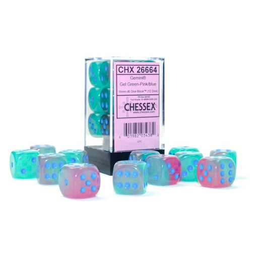 Gemini® 16mm d6 Gel Green-Pink/blue Luminary™ Dice Block™ (12 dice)-Dice-LITKO Game Accessories