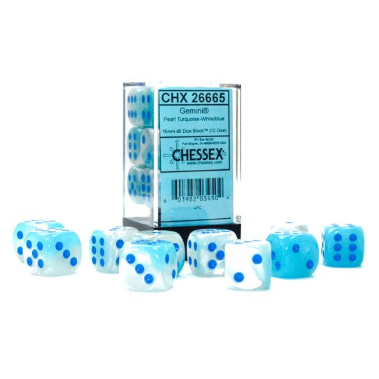 Gemini® 16mm d6 Pearl Turquoise-White/blue Luminary™ Dice Block™ (12 dice)-Dice-LITKO Game Accessories