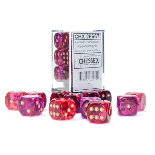Gemini® 16mm d6 Translucent Red-Violet/gold Dice Block™ (12 dice)-Dice-LITKO Game Accessories