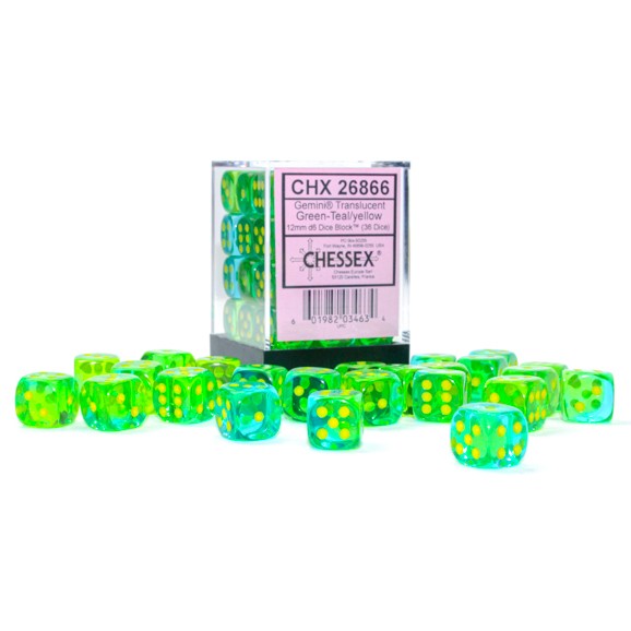 Gemini® 12mm d6 Translucent Green-Teal/yellow Dice Block™ (36 dice)-Dice-LITKO Game Accessories