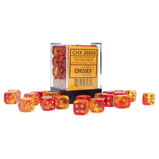 Gemini® 12mm d6 Translucent Red-Yellow/gold Dice Block™ (36 dice)-Dice-LITKO Game Accessories